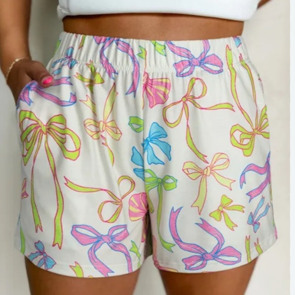 Peach Love White Multi-Colored Bow Print Shorts